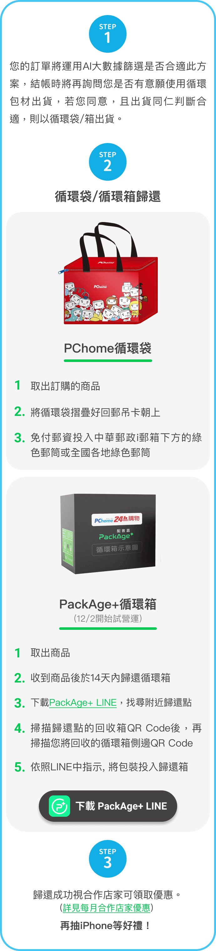 循環箱回收步驟 步驟 1 2 3 PChome循環袋 PackAge+循環箱